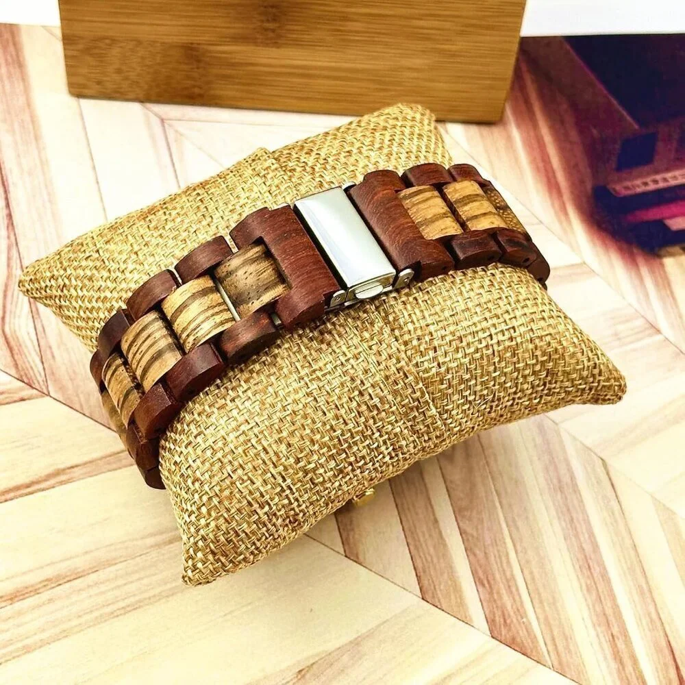 Men's Red Wooden Quartz Japanese Movement Calendar Display 42 Mm Watches